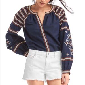 Gap Boho Navy Linen Cotton  Embroidery Blouse size Medium Tall like new